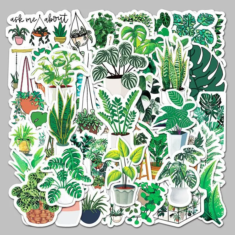 Green Plant Series Graffiti Sticker, 50pcs/set Waterproof Decorative Sticker, DIY Creative Decal for Phone Case, Laptop, Notebook, Helmet, Skateboard