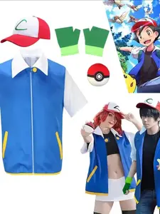 Cartoon Anime Pokémon Ash Ketchum Blue Jacket Set, Boys Girls Role Play Costume, Hat Gloves Included, Party