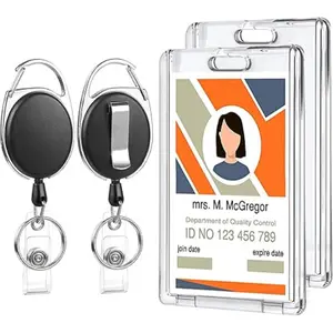 [New Deal] 2 Set Badge Holder Retractable Clip Heavy Duty Reels with Acrylic Clear Vertical ID Card Badge Holders for Work Office Removable Cardholder Hard Plastic