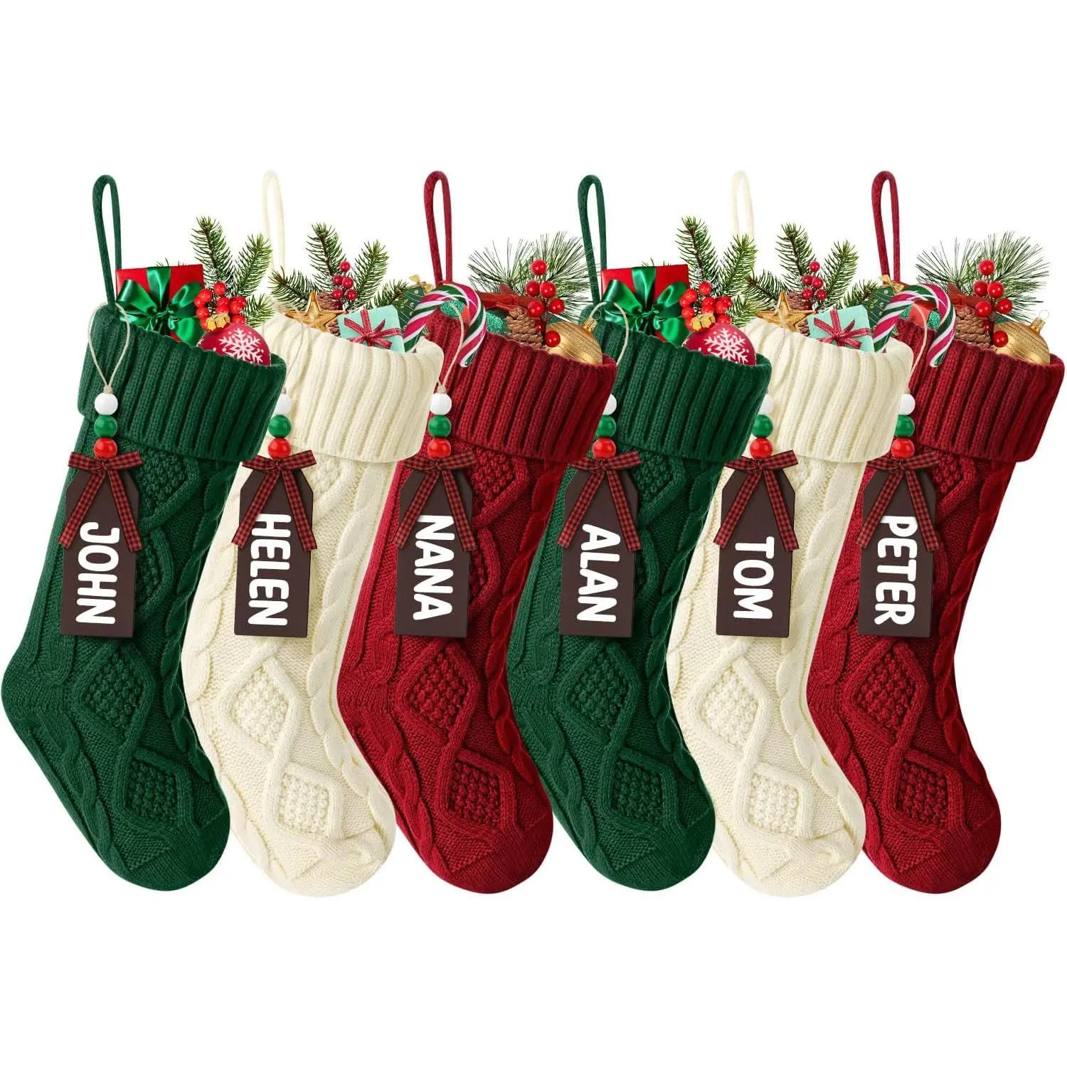 Christmas Stockings, Personalized Christmas Stockings 18 Inches Large Size  Knitted Stocking Gifts (6pcs White&red&Green)