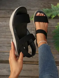 Women's Woven Wedge Sandals, Elastic Strap Design, Thick Platform Sole, Classic Style, Comfortable Fashion Shoes
