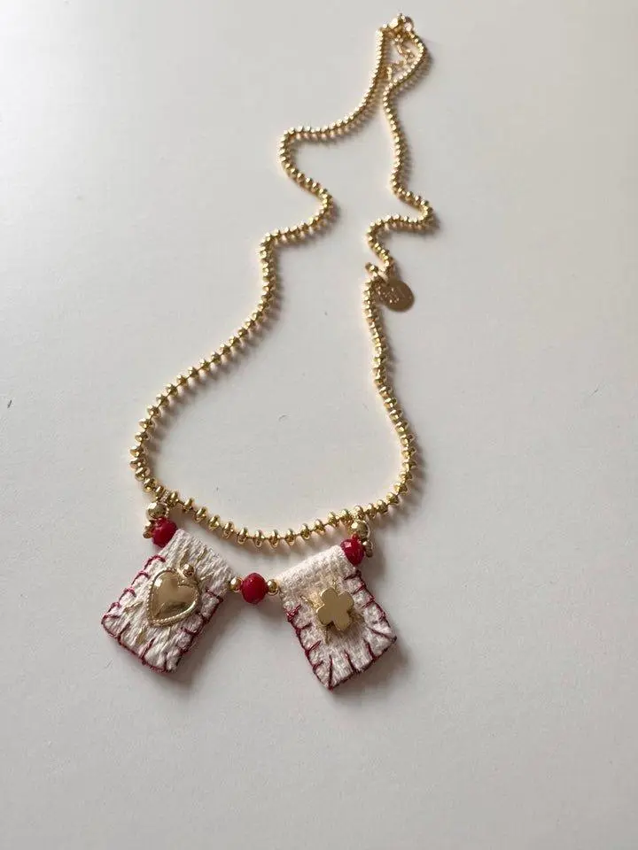 Escapulario Protection Divine Necklace with Heart Charms and Red Beads on Gold Chain