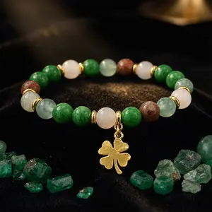 Sicbumi Lucky Clover Beaded Bracelet Money Arrtaction Bracelet with Four-Leaf Clover Pendant Green Beads Dongling Jade Luck Bracelet - Attract Wealth, Abundance and Luck Gift For Women