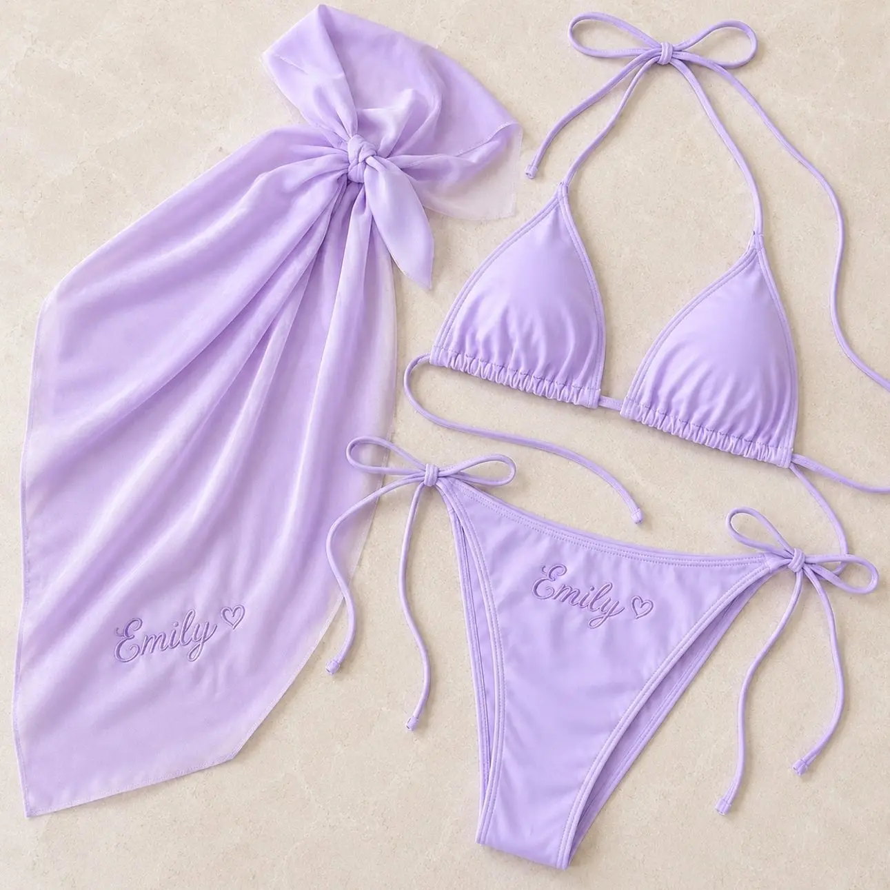 Custom Name Bikini Set and Sarong, Personalized Embroidered Bridal Swimsuit for Bride Honeymoon Vacation