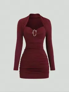 Elegant 2026 Women Elegant Party Cocktail Dress Fall Winter Wine Color Long Sleeve Metal Decorations Slim Fit Perfect Chrisas Formal Occasions Satin, Stylish, Effortless Style, Wardrobe Essential, Street Style