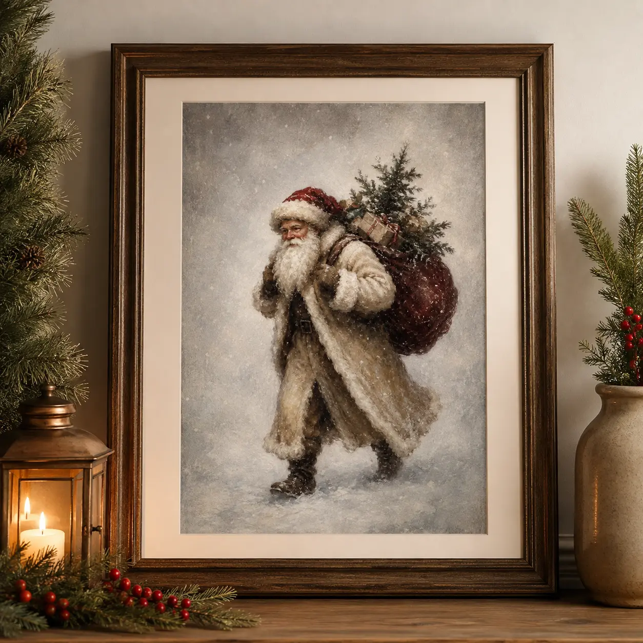 Vintage Christmas Wall Art, Father Christmas Painting, Old World Santa Poster or Matte Canvas, Rustic Holiday Home Decor