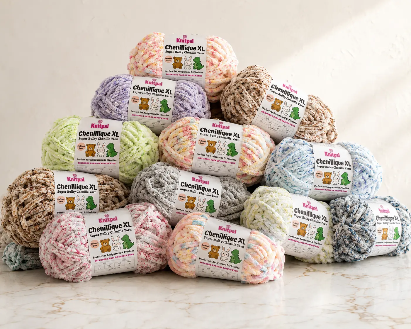 KnitPal Chenillique XL Chunky Super Bulky Soft Squishy Polyester Yarn 4-Pack, 352yd 400g Variegated, 6 WPI, Machine Washable, Tumble Dry Low, Holds Shape Beautifully, Glides Smoothly on Hooks for Knitting & Crochet Blankets, Crafters
