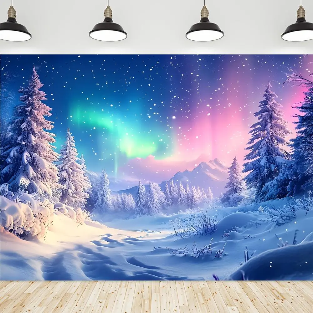 1pc Durable Polyester Self-Lit 2D Flat Panel Backdrop Decoration - Winter Wonderland Aurora Borealis Snowy Forest Design with White Ornaments, Indoor Electricity-Required 1-Piece Banner for Wedding Christmas Decor (Glam Look Self-Lit Panels)