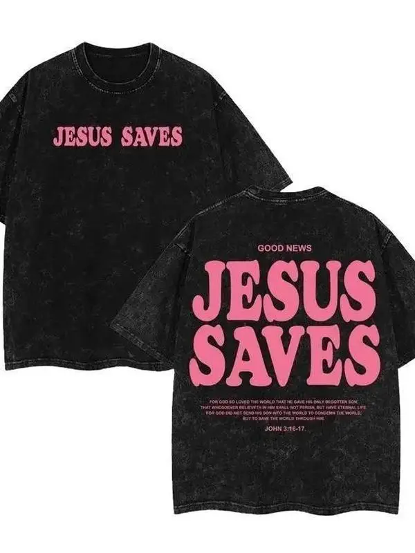 Jesus Saves Unisex Washed T-Shirt, Jesus Tee, Jesus Tshirt , Christian Apparel Streetwear Menswear Oversized Top Men and Women Menswear Tops , Gym Pump Cover Graphic Men's Regular Fit washed pure cotton