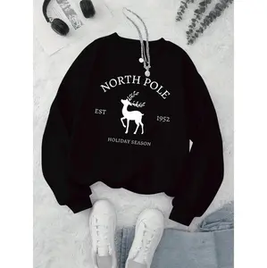 Festive Reindeer And North Pole Christmas Sweatshirt For Women Cozy Winter Pullover With Vintage 1952 Design Holiday Knitwear Machine Washable Comfortable Casual Wear