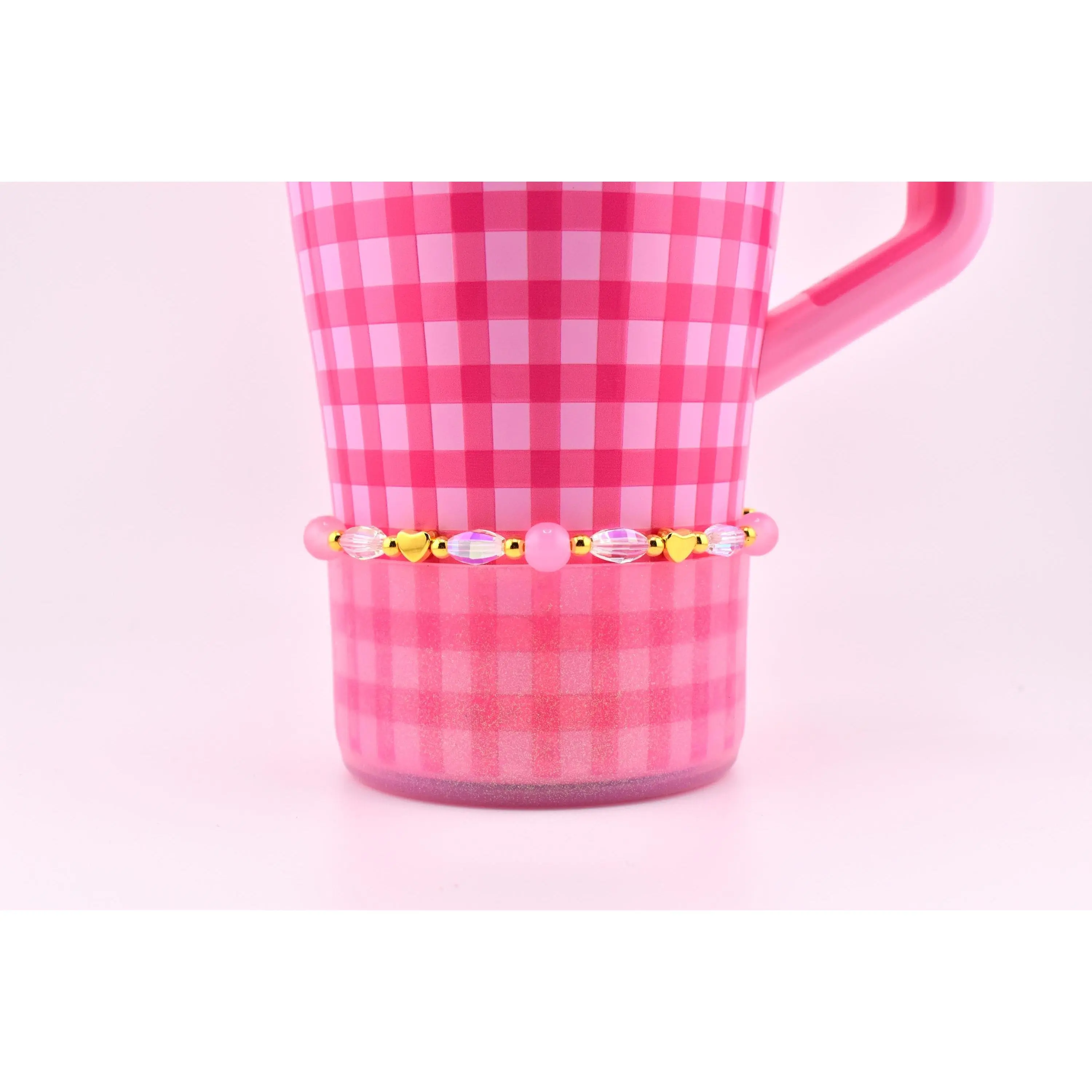 Pink Gingham Print Heart Motif Beaded Stretch Bangle, Fashion Costume Jewelry Bracelet with Gold Accents, Beads