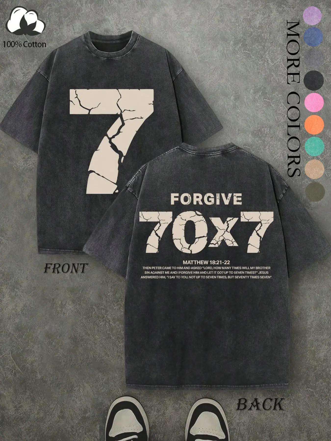 Unisex, summer cotton short-sleeved T-shirt, Bible print “Forgive seventy times seven” washed T-shirt, trendy, religious, retro style, perfect for streetwear. A popular fashion item on Douyin, suitable for campus and commuting, ideal for everyday wear.