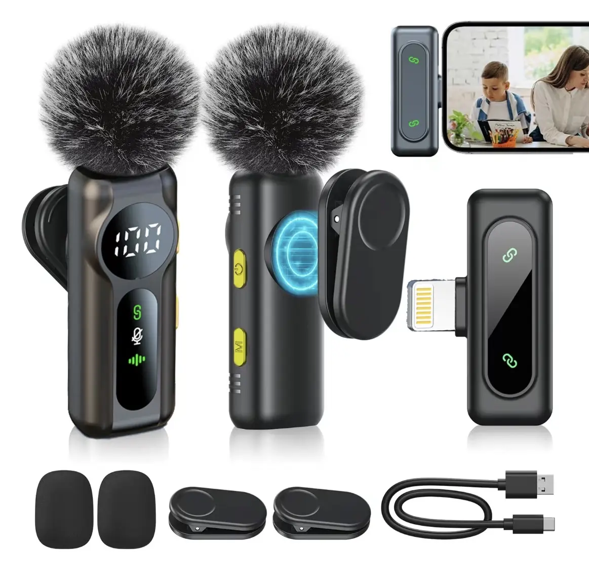 Mini Wireless Lavalier Microphones,Noise-cancelling Clip-on Microphones With digital display,Crystal Clear Sound Quality for Recording, Live Streaming,Vlog for iphone,Android,iPad