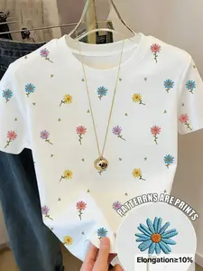 New Summer-Autumn Women's Short Sleeve T-Shirt Round Neck, Blue- Striped Knit Top, Loose Fit Digital Print, Versatile Outerwear
