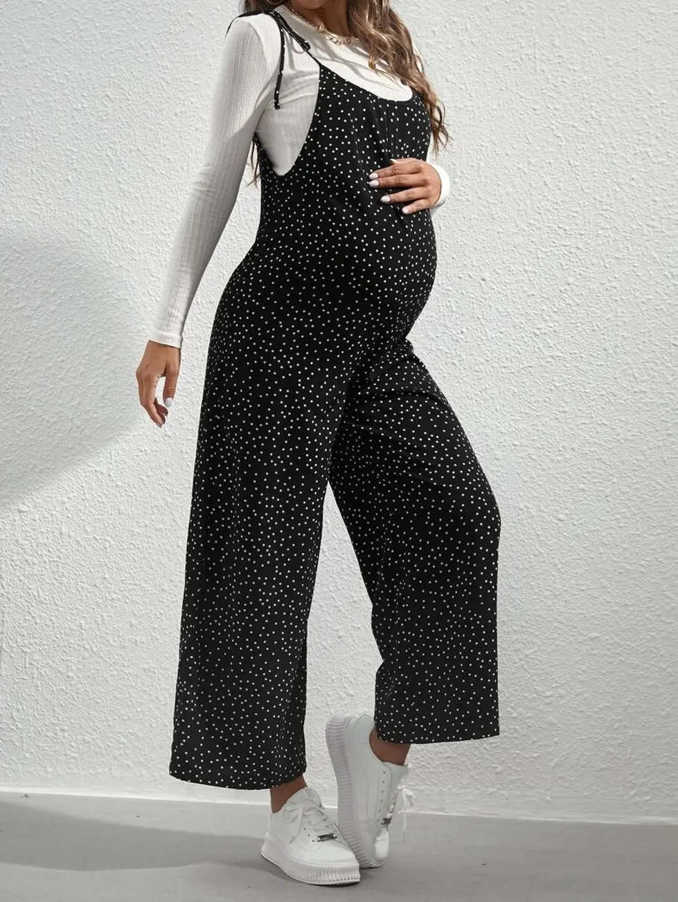 Maternity Polka Dot Jumpsuit, Tie-Shoulder Overalls for Stylish Fall Pregnancy Outfits