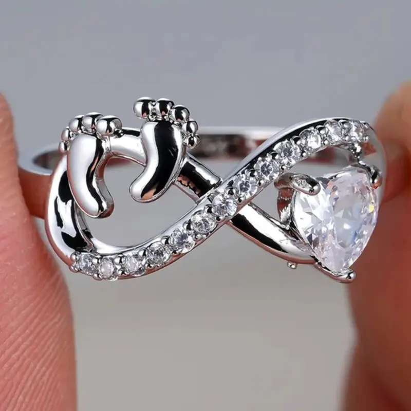 Female Silver Color Baby Footprint Infinity Heart Cubic Zirconia Ring, Vintage Wedding Jewelry for Women, Heart Shaped Engagement Ring, Statement Ring, Artificial Gemstone Ring