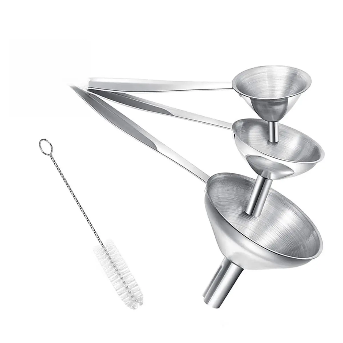 Small Funnels for Filling Bottles, 3 Pcs Stainless Steel Kitchen Funnel Set with Long Handle, Food Grade Mini Metal Funnel for Transferring Oil Liquid, Easy Cleaning with a Brush Utensils Washable