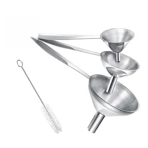 Small Funnels for Filling Bottles, 3 Pcs Stainless Steel Kitchen Funnel Set with Long Handle, Food Grade Mini Metal Funnel for Transferring Oil Liquid, Easy Cleaning with a Brush Utensils Washable