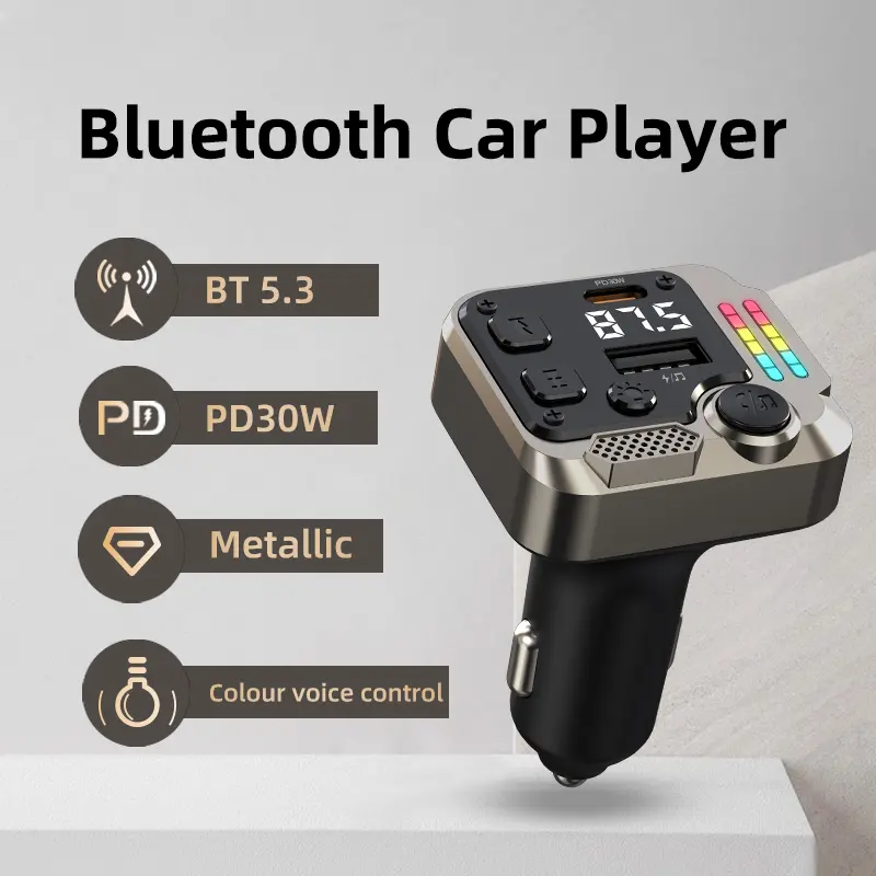 TIISIFANG Bluetooth 5.3 Car FM Transmitter, 30W PD USB C Fast Car Charger, 7 Color Voice-Activated Ambient Light, Hands-Free Calling Car Bluetooth Adapter, Dual Port 45W Max Cigarette Lighter Charger for 12V/24V Car Truck SUV