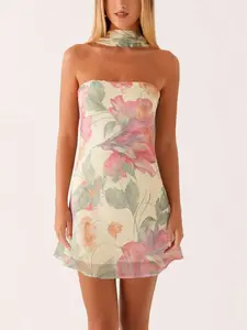 MARANDAS Floral Tube Strapless Bodycon Beach Sundress With Scarf 2000s Nostalgia