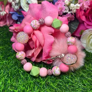 Sage bloom wristlet keychain color scheme sage green, light pink, posh pink and bling beads made with wire trending wristlet