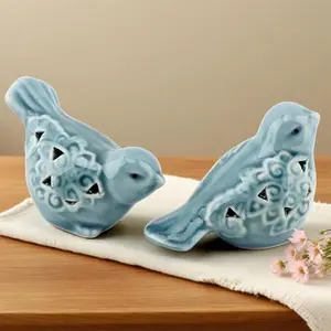 Pair of Blue Bird for Home Decor, Farmhouse Ceramic Bird Statue Sculpture Birds Ornaments, Small Decor for Shelves Entryway TV Stand Bookcase, Garden Micro Landscape Accessories
