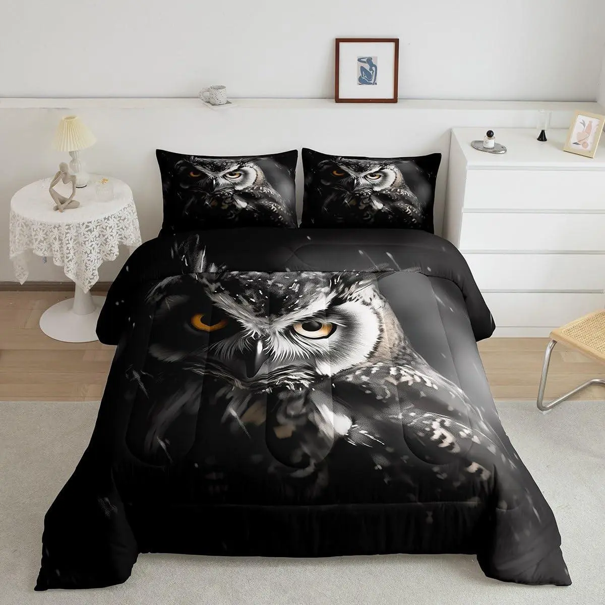 Feelyou 3D Owl Down Comforter Set - Black and Grey Bedding Set, Wild Animal Cute Bird Woodland Wildlife Quilted Duvet, King Comforter, Queen Bedding, Bedding Sets, Comforter Set King