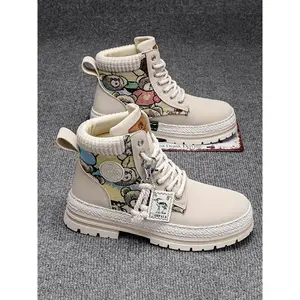 Men's High-Top Ankle Boots, PU Leather & Rubber Sole, Cartoon Pattern Design, Mid-Calf Casual Style, Fall Winter Fashion Shoes(Sheets)