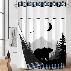 1pc hookless shower curtain with buckle lining, blue and white checkered moonlit bear design 2D flat print, fabric waterproof lining, see-through double-layer shower curtain, 71 x 74 inches, modern home draping curtain, Bathroom Accessory