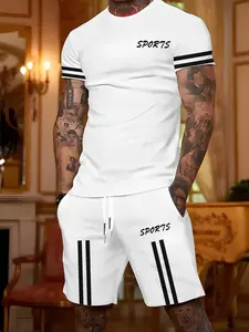 Summer Sports Leisure Set for Men, Letter Design, Gym Workout, Daily Commute, Weekend Outing, Light Exercise, Casual Style