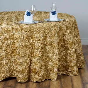 Satin Round Tablecloth 132" Champagne with Grandiose 3D Rosette Design - Seamless Table Cover