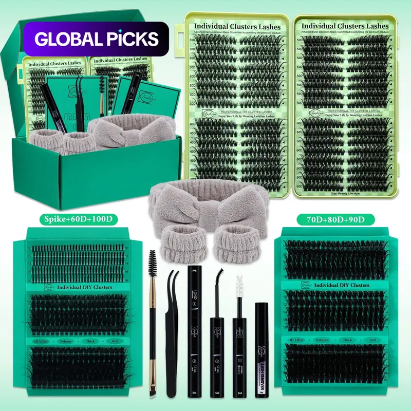 Lashsun D Curl Individual False Eyelashes Kit, Mix 8-16mm/10-16mm Mega Volume Fluffy Individual Lashes Soft And Comfortable False Eyelashes Set Comes with Bond&Seal, Lash Remover, Lash Brush, Lash Applicator and Headband & Wristband