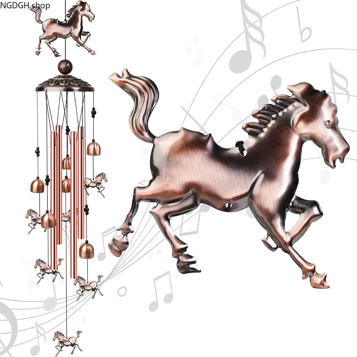 Vintage Bronze Horse Wind Chimes, Galloping Metal Horse Sculptures, Copper Bells, Rustic Western Vibe, Weatherproof, Ideal for Garden Decorating & Patio Enhancement (Sports & Outdoor Accent)