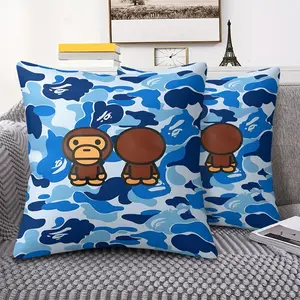 Blue Camouflage Throw Pillow, Creative Decorative Cushion, featuring Cartoonish Brown Apes, Digitally Printed for a Playful Accent, Perfect for Living Rooms, Bedrooms, Sofas. Soft, Durable, Includes Pillow Insert for Comfort Style!
