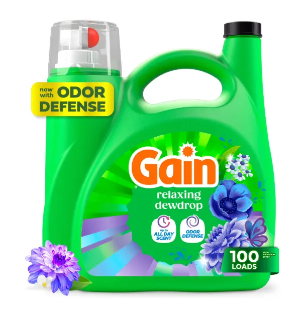 Gain Laundry Detergent Liquid, Now with Odor Defense, Relaxing Dewdrop Scent, 132 fl oz, 100 Loads