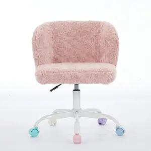 Office Chair, Faux Fur Vanity Chair, Adjustable Swivel Home Office Chair with Colorful Wheels and Metal Base, Cute Makeup Chair for Women, Teens & Girls(Pink)