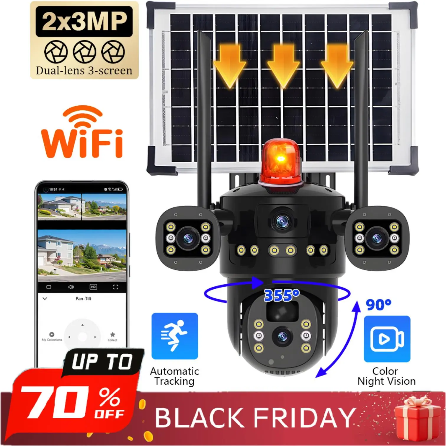 3 Lens Solar Wireless Security Camera – 360° Pan/Tilt WiFi CCTV, Battery Powered Outdoor Home Surveillance System,for Valentine’s Day Gift