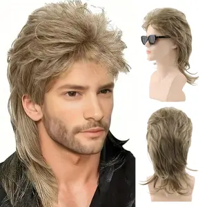 Men's 1980s golden gray  punk rock mullet wig - High-density 150% synthetic fiber long straight hair with voluminous wave texture, rose net cap for secure fit - Perfect choice for Halloween, costume parties, and everyday wear, comfortable party accessory