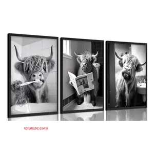 3-Piece Set, Funny Highland Cow Bathroom Canvas Wall Art – Cute Black-and-White Cow Animal Painting, Wall Decor, Rustic Farmhouse Style, Cow in the Bathroom Poster, Bathroom Home Decor Painting, Frameless