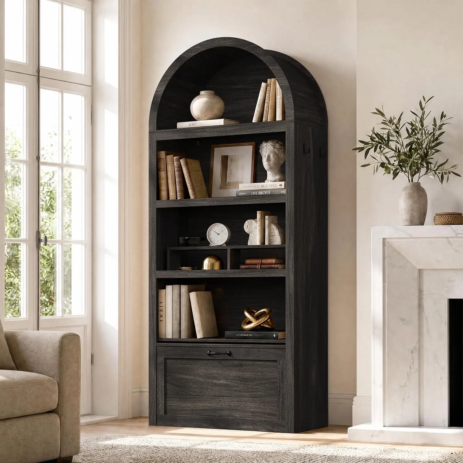 HAUOMS 76.6" Arched Bookshelf with Moveable Storage Bench, 5-Tier Wood Tall Arch Bookcase, Bookshelf Riser, Multi-Functional Display Cabinet, Bookshelf with Storage for Living Room, Entryway, Black