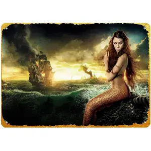 Metal Tin Sign Mermaid Sitting on The Rocks as Pirate Ships Burn Pub Outdoor Bar Retro Poster Home Kitchen Restaurant Wall Decor Signs 12x8inch