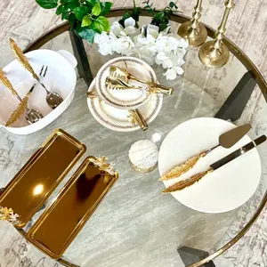 Golden Feather & Butterfly Collection 10-Piece Set Kitchen Utensils Cutlery Tableware with Elegant Tongs & Detailed Gold Trays for Holiday Hosting