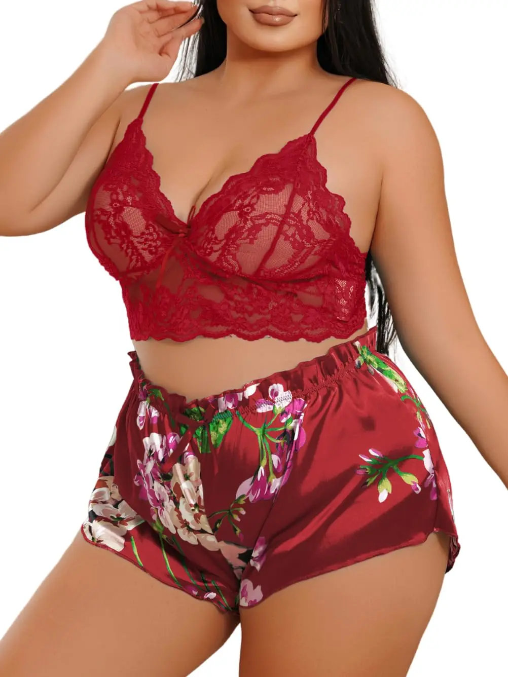 Women's Plus Size 2-Piece Floral Lace Lingerie Set - Comfy Soft Fashion Satin Short Bottoms, Sexy V-Neck Camisole, Elastic, Printed, Smooth, Normal Type Nightwear for Birthday Party, Valentines Day