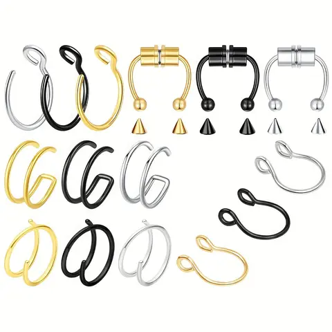 15pcs Stainless Steel Fake Pierced Nose Rings Set, Nose Cuff for Women and Men, Fashionable Body Jewellery Accessories for Daily Decoration, Nose Piercing Jewelry