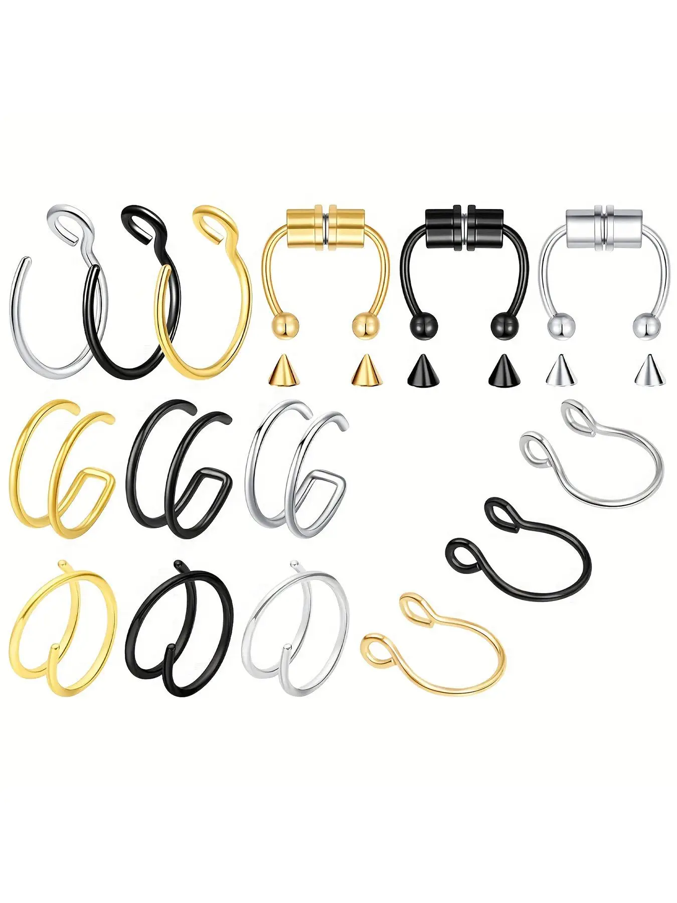 15pcs Stainless Steel Fake Pierced Nose Rings, Nose Cuff for Women and Men, Fashionable Body Jewelry Accessories for Daily Decoration