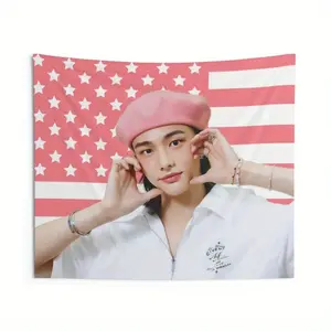 1 SKZ Hyunjin Kpop American Flag Tapestry, Wandering Hyunjin Shop Decor, Polyester Wall Hanging, No Electricity Required, Fan Gift Ideas, Fan Gift Ideas |   Focus on Visual Contrast |   Detailed Images