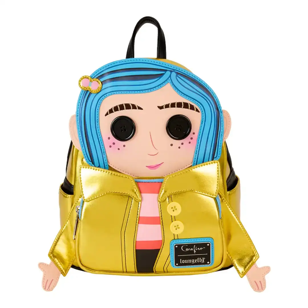 Loungefly Laika Coraline 15th Anniversary Collectible Doll Cosplay Mini Backpack, Gold Patent PU Leather with Real Button Eyes, Collectibles, Mini Backpacks, Female, Anime Style, Mini Backpack Purse