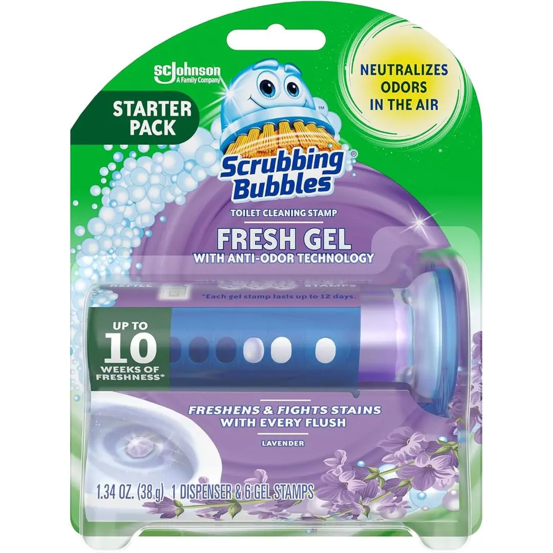 Scrubbing Bubbles Fresh Gel Toilet Bowl Cleaning Stamps, Helps Keep Toilet Clean and Helps Prevent Limescale & Toilet Rings, Lavender Scent, 1 Dispenser with 6 Fresh Gel Stamps