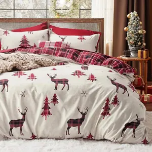 Bedsure King Size Christmas Reindeer  Duvet Cover Set Collection Featuring a Reversible Red Plaid Buffalo Check Design