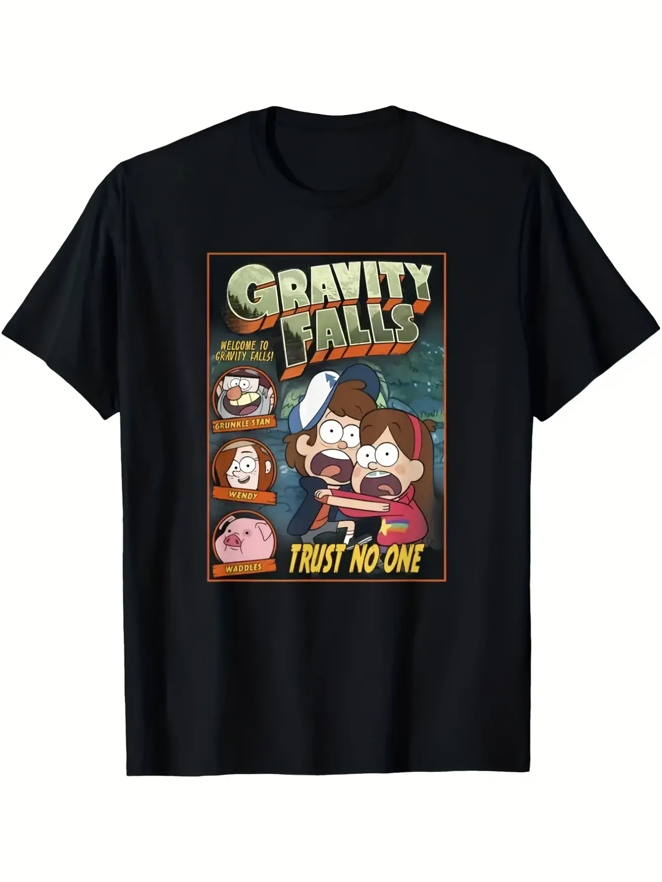 [Cotton Graphic T-Shirt] Lightweight 100% Cotton Gravity Falls Cartoon Graphic T-Shirt - Durable Short Sleeve Crewneck Tee for Men, Casual Summer Wear with "TRUST NO ONE" Design, Machine Washable Tee Clothes Menswear